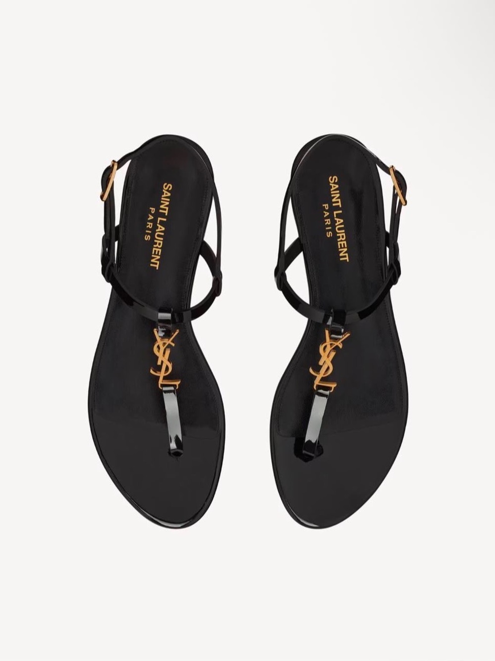 Saint Laurent Black Patent Leather Sandals with Gold YSL Accent